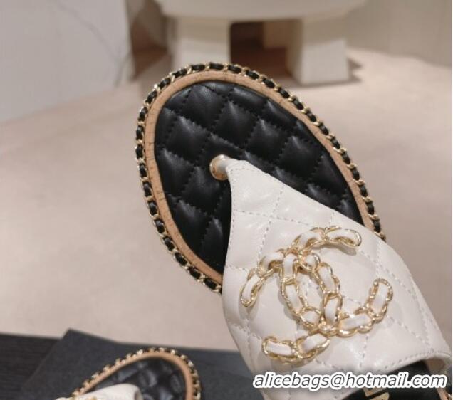 Good Quality Chanel Quilted Lambskin Heel Thong Slide Sandals 4cm with Chain CC White 423057