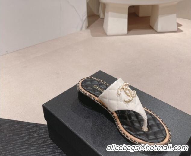 Good Quality Chanel Quilted Lambskin Heel Thong Slide Sandals 4cm with Chain CC White 423057