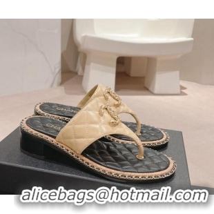 Purchase Chanel Quilted Lambskin Heel Thong Slide Sandals 4cm with Chain CC Beige 423058