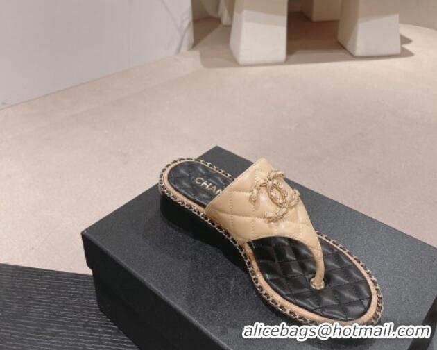 Purchase Chanel Quilted Lambskin Heel Thong Slide Sandals 4cm with Chain CC Beige 423058