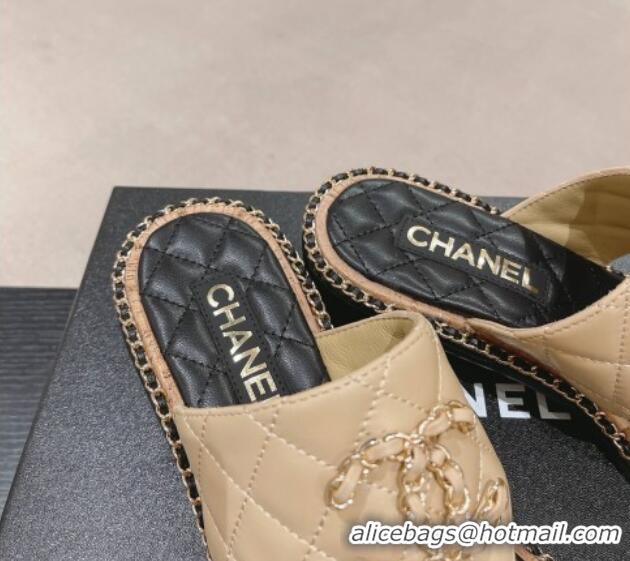 Purchase Chanel Quilted Lambskin Heel Thong Slide Sandals 4cm with Chain CC Beige 423058