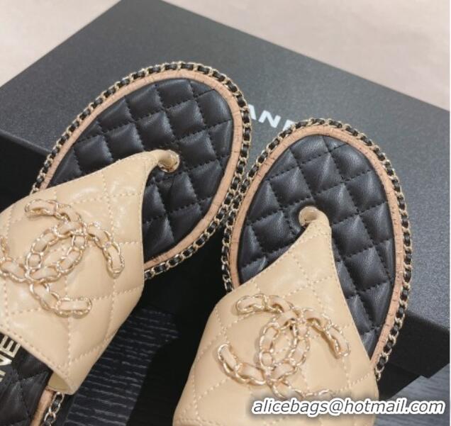 Purchase Chanel Quilted Lambskin Heel Thong Slide Sandals 4cm with Chain CC Beige 423058