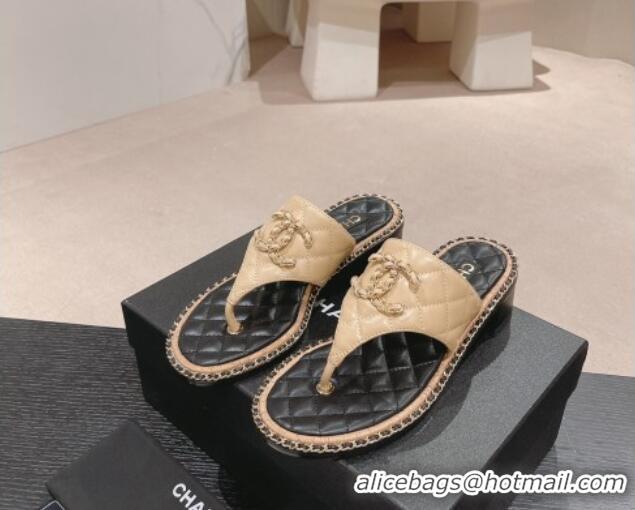 Purchase Chanel Quilted Lambskin Heel Thong Slide Sandals 4cm with Chain CC Beige 423058