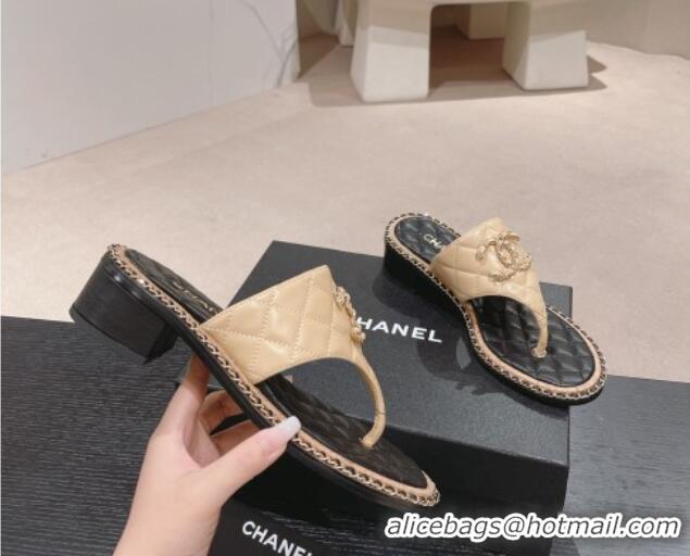 Purchase Chanel Quilted Lambskin Heel Thong Slide Sandals 4cm with Chain CC Beige 423058