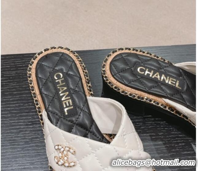 Lowest Price Chanel Quilted Lambskin Heel Slide Sandals 4cm with Chain and Cross Strap White 423059