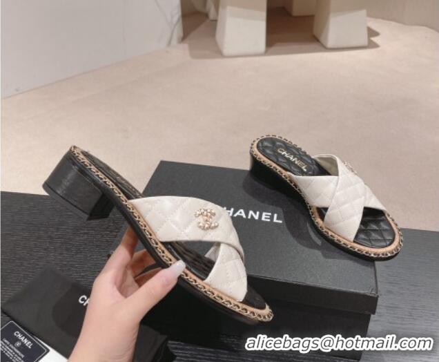 Lowest Price Chanel Quilted Lambskin Heel Slide Sandals 4cm with Chain and Cross Strap White 423059