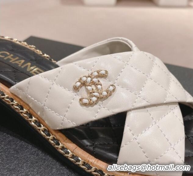 Lowest Price Chanel Quilted Lambskin Heel Slide Sandals 4cm with Chain and Cross Strap White 423059