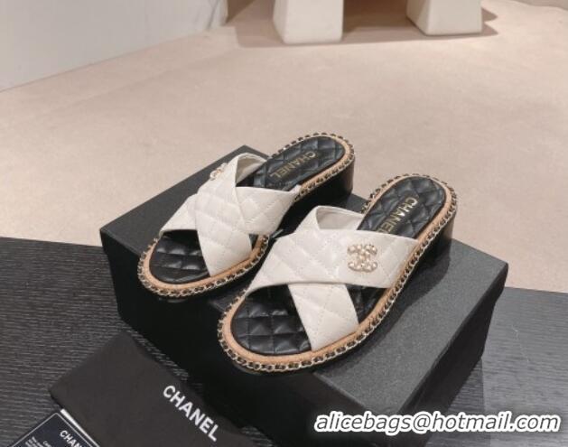 Lowest Price Chanel Quilted Lambskin Heel Slide Sandals 4cm with Chain and Cross Strap White 423059