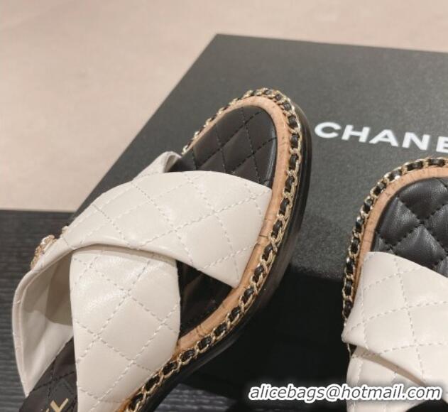 Lowest Price Chanel Quilted Lambskin Heel Slide Sandals 4cm with Chain and Cross Strap White 423059