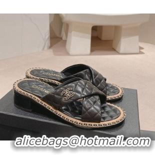 Durable Chanel Quilted Lambskin Heel Slide Sandals 4cm with Chain and Cross Strap Black 423060