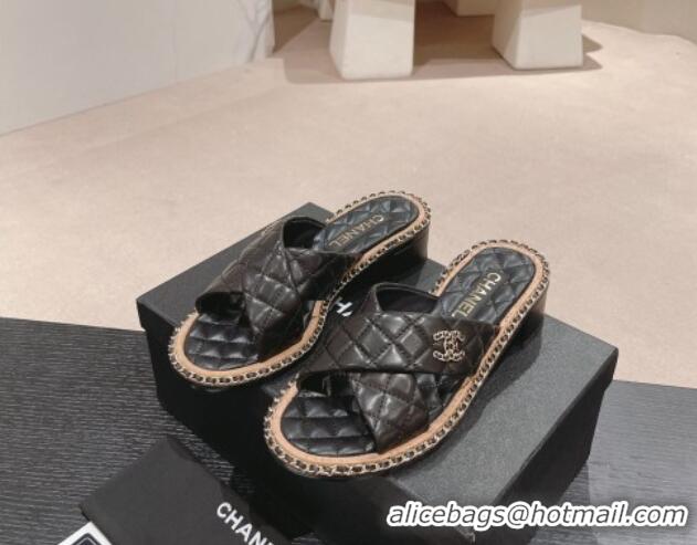 Durable Chanel Quilted Lambskin Heel Slide Sandals 4cm with Chain and Cross Strap Black 423060