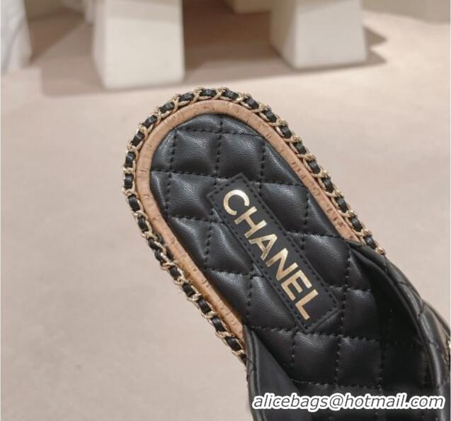 Durable Chanel Quilted Lambskin Heel Slide Sandals 4cm with Chain and Cross Strap Black 423060