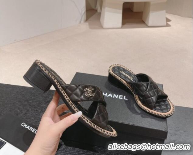 Durable Chanel Quilted Lambskin Heel Slide Sandals 4cm with Chain and Cross Strap Black 423060