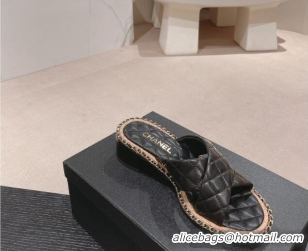 Durable Chanel Quilted Lambskin Heel Slide Sandals 4cm with Chain and Cross Strap Black 423060