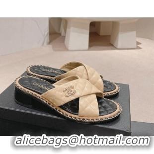 Shop Duplicate Chanel Quilted Lambskin Heel Slide Sandals 4cm with Chain and Cross Strap Beige 0423061