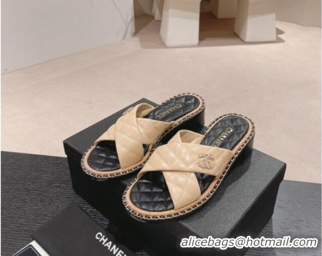 Shop Duplicate Chanel Quilted Lambskin Heel Slide Sandals 4cm with Chain and Cross Strap Beige 0423061