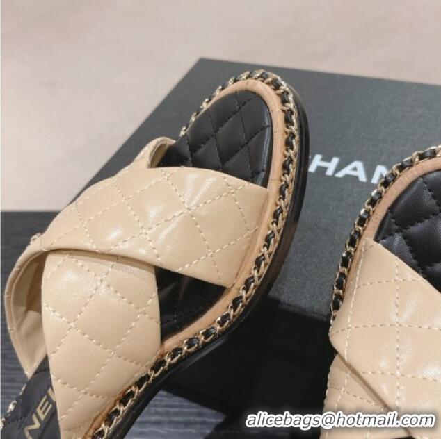 Shop Duplicate Chanel Quilted Lambskin Heel Slide Sandals 4cm with Chain and Cross Strap Beige 0423061