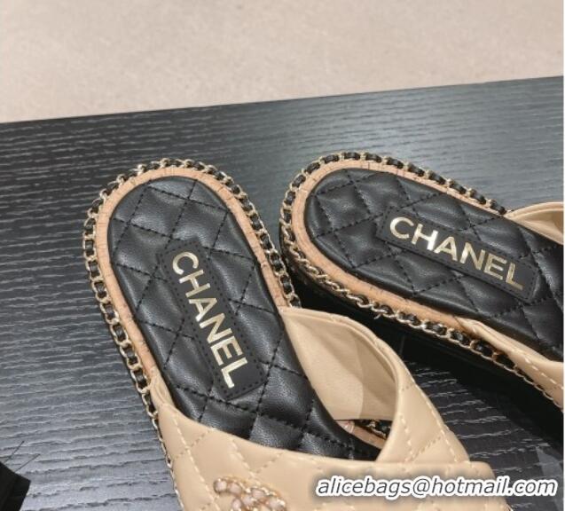 Shop Duplicate Chanel Quilted Lambskin Heel Slide Sandals 4cm with Chain and Cross Strap Beige 0423061