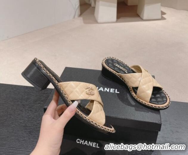 Shop Duplicate Chanel Quilted Lambskin Heel Slide Sandals 4cm with Chain and Cross Strap Beige 0423061