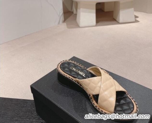 Shop Duplicate Chanel Quilted Lambskin Heel Slide Sandals 4cm with Chain and Cross Strap Beige 0423061