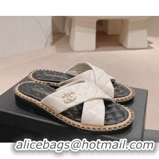 Good Looking Chanel Quilted Lambskin Flat Slide Sandals with Chain and Cross Strap White 423062