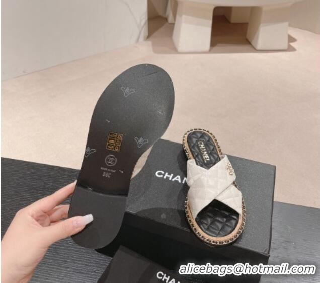 Good Looking Chanel Quilted Lambskin Flat Slide Sandals with Chain and Cross Strap White 423062