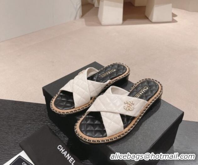 Good Looking Chanel Quilted Lambskin Flat Slide Sandals with Chain and Cross Strap White 423062