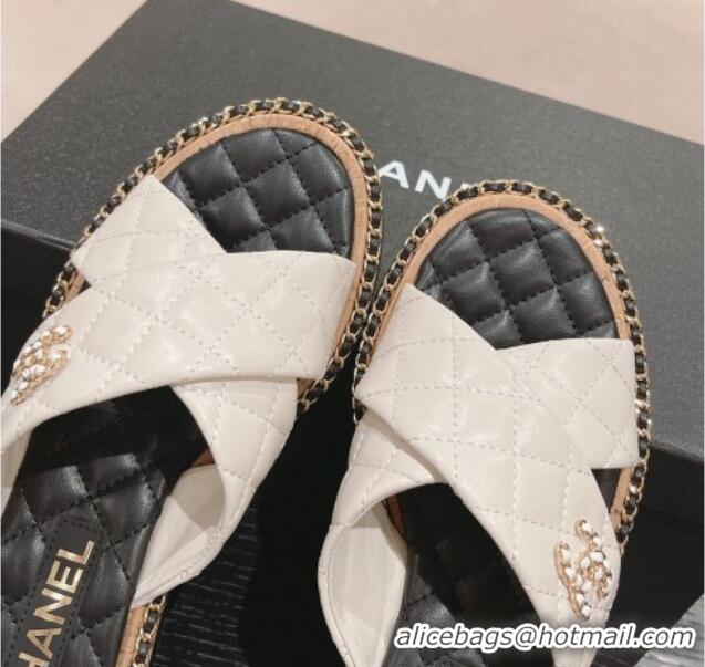 Good Looking Chanel Quilted Lambskin Flat Slide Sandals with Chain and Cross Strap White 423062