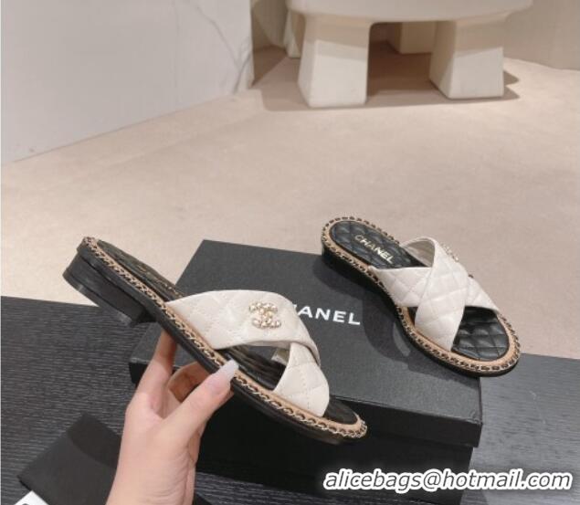 Good Looking Chanel Quilted Lambskin Flat Slide Sandals with Chain and Cross Strap White 423062