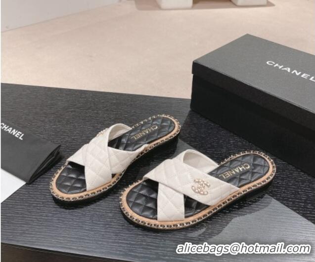 Good Looking Chanel Quilted Lambskin Flat Slide Sandals with Chain and Cross Strap White 423062