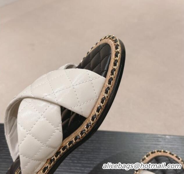 Good Looking Chanel Quilted Lambskin Flat Slide Sandals with Chain and Cross Strap White 423062