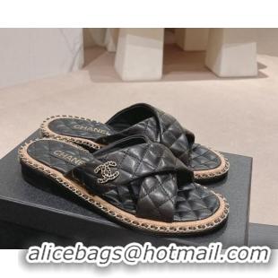 Grade Quality Chanel Quilted Lambskin Flat Slide Sandals with Chain and Cross Strap Black 423063