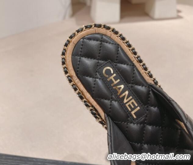 Grade Quality Chanel Quilted Lambskin Flat Slide Sandals with Chain and Cross Strap Black 423063