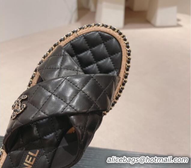 Grade Quality Chanel Quilted Lambskin Flat Slide Sandals with Chain and Cross Strap Black 423063