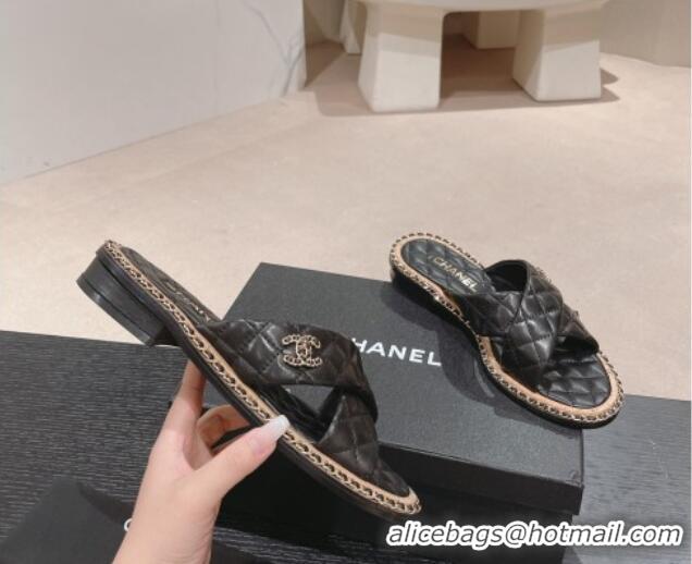 Grade Quality Chanel Quilted Lambskin Flat Slide Sandals with Chain and Cross Strap Black 423063