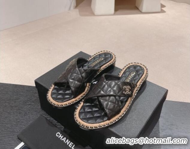 Grade Quality Chanel Quilted Lambskin Flat Slide Sandals with Chain and Cross Strap Black 423063