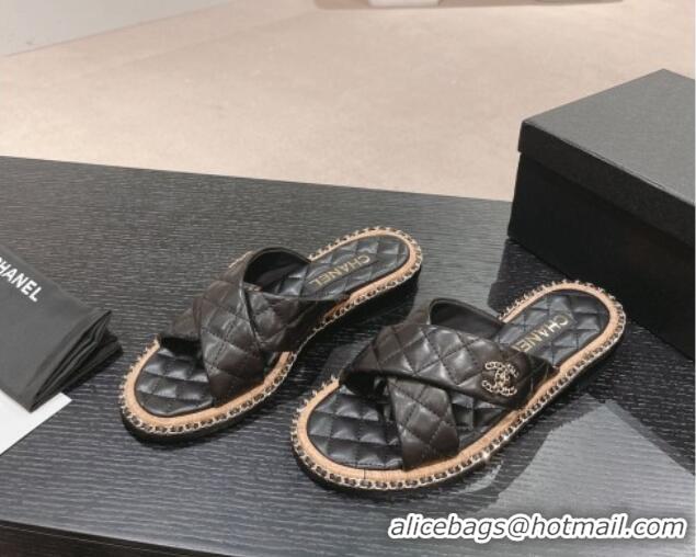 Grade Quality Chanel Quilted Lambskin Flat Slide Sandals with Chain and Cross Strap Black 423063