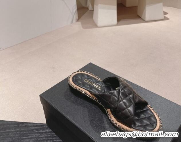 Grade Quality Chanel Quilted Lambskin Flat Slide Sandals with Chain and Cross Strap Black 423063