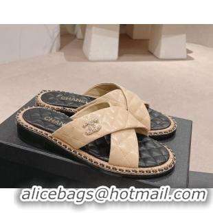 Good Product Chanel Quilted Lambskin Flat Slide Sandals with Chain and Cross Strap Beige 423064