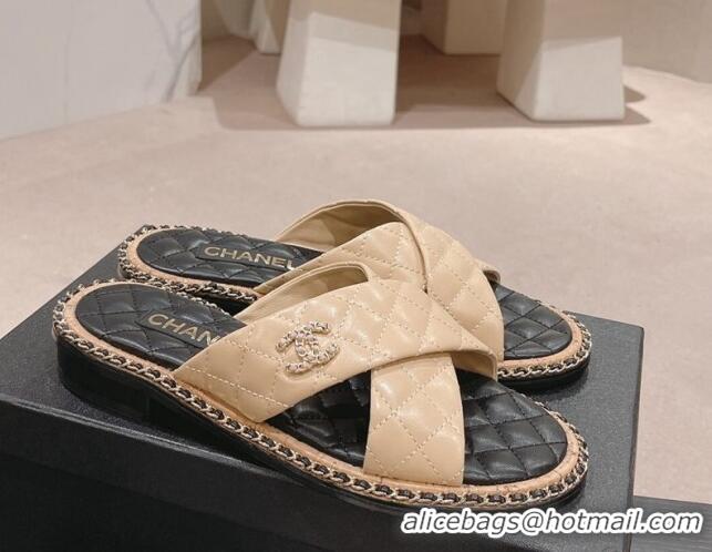 Good Product Chanel Quilted Lambskin Flat Slide Sandals with Chain and Cross Strap Beige 423064