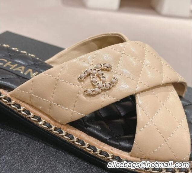 Good Product Chanel Quilted Lambskin Flat Slide Sandals with Chain and Cross Strap Beige 423064