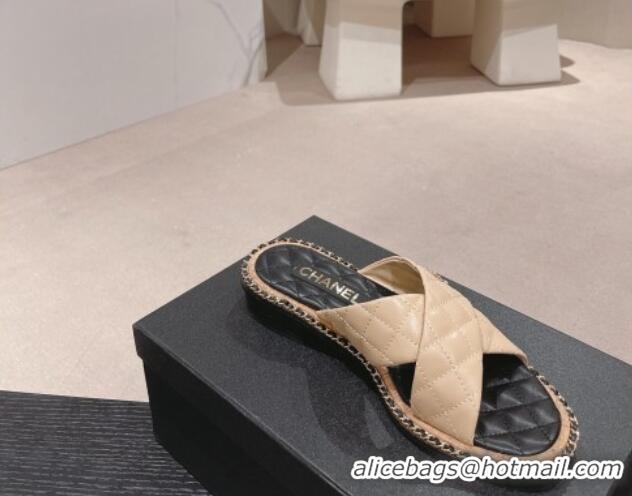 Good Product Chanel Quilted Lambskin Flat Slide Sandals with Chain and Cross Strap Beige 423064