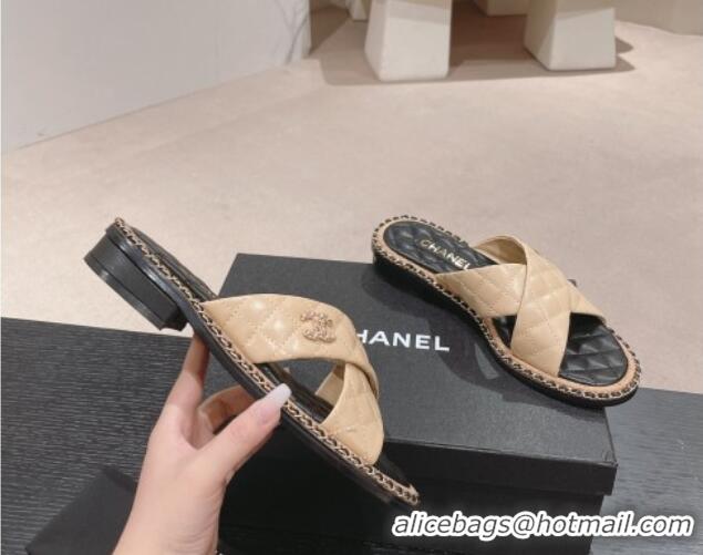 Good Product Chanel Quilted Lambskin Flat Slide Sandals with Chain and Cross Strap Beige 423064