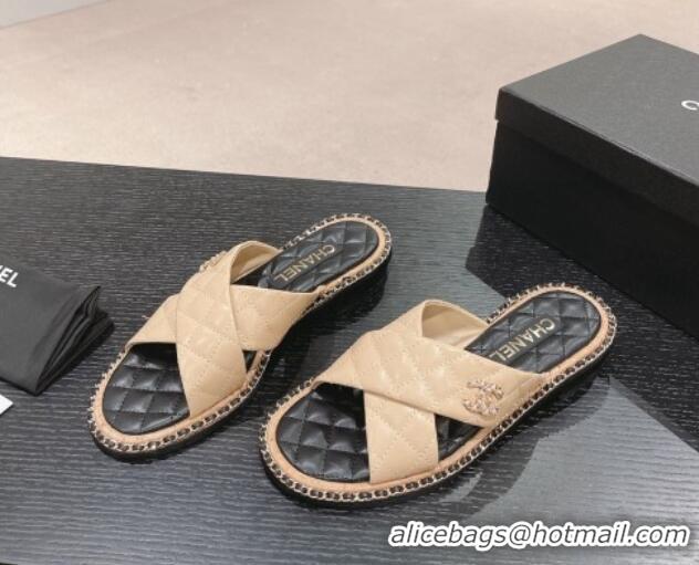 Good Product Chanel Quilted Lambskin Flat Slide Sandals with Chain and Cross Strap Beige 423064