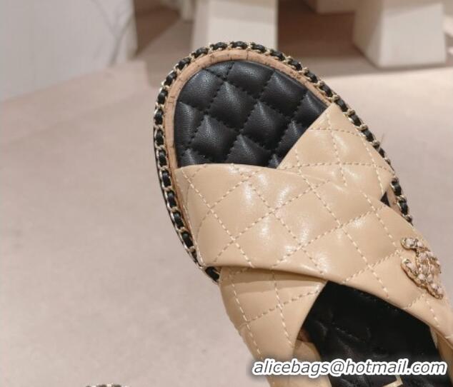 Good Product Chanel Quilted Lambskin Flat Slide Sandals with Chain and Cross Strap Beige 423064