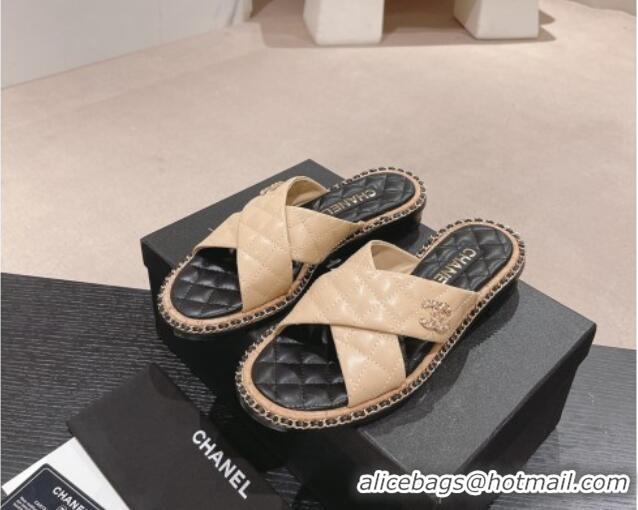 Good Product Chanel Quilted Lambskin Flat Slide Sandals with Chain and Cross Strap Beige 423064