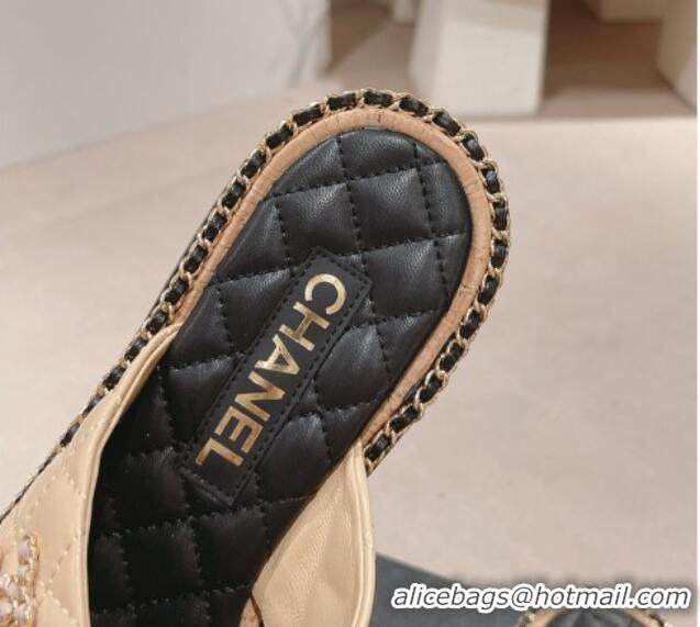 Good Product Chanel Quilted Lambskin Flat Slide Sandals with Chain and Cross Strap Beige 423064