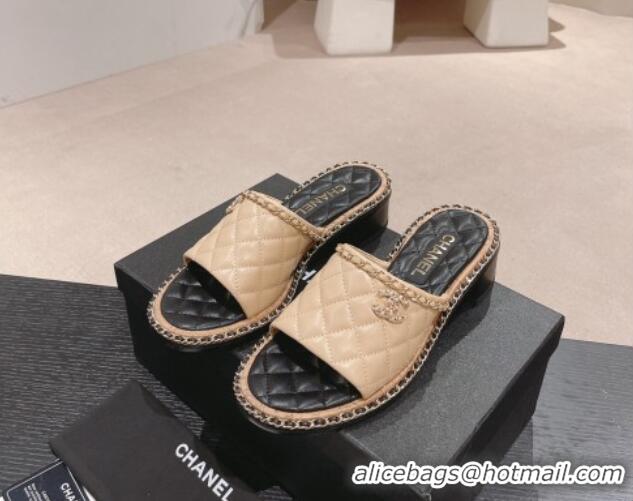 Best Grade Chanel Quilted Lambskin Heel Slide Sandals 4cm with Chain Charm Beige 0423065