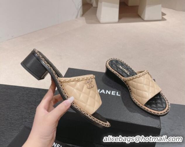 Best Grade Chanel Quilted Lambskin Heel Slide Sandals 4cm with Chain Charm Beige 0423065