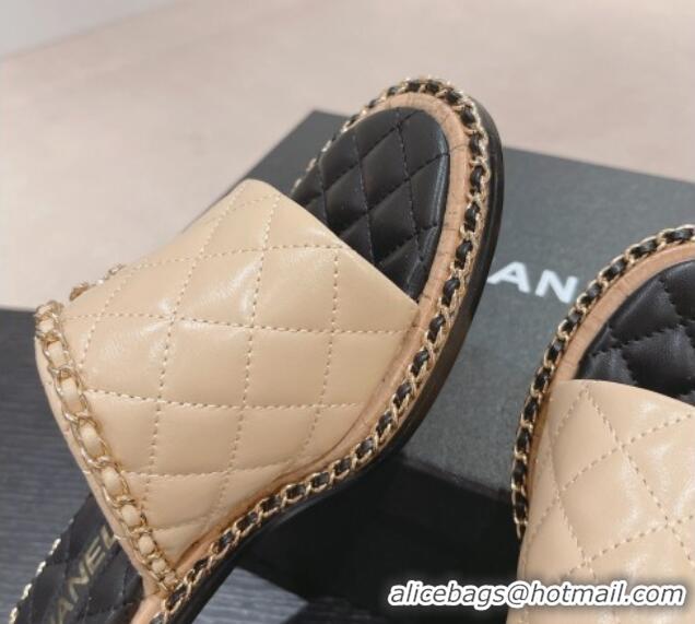 Best Grade Chanel Quilted Lambskin Heel Slide Sandals 4cm with Chain Charm Beige 0423065